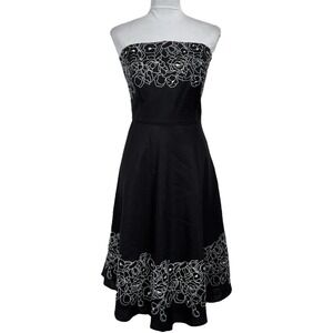 Ann Taylor LOFT Black Strapless Linen Midi Dress Size 10 White Floral Embroidery